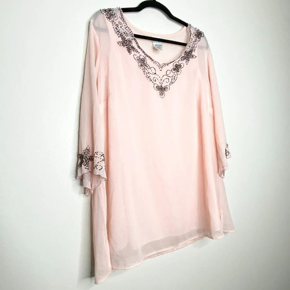Roaman's 20W Pink Beaded Sheer Blouse with Attached Cami 3/4 Sleeves Plus Size - Picture 4 of 13